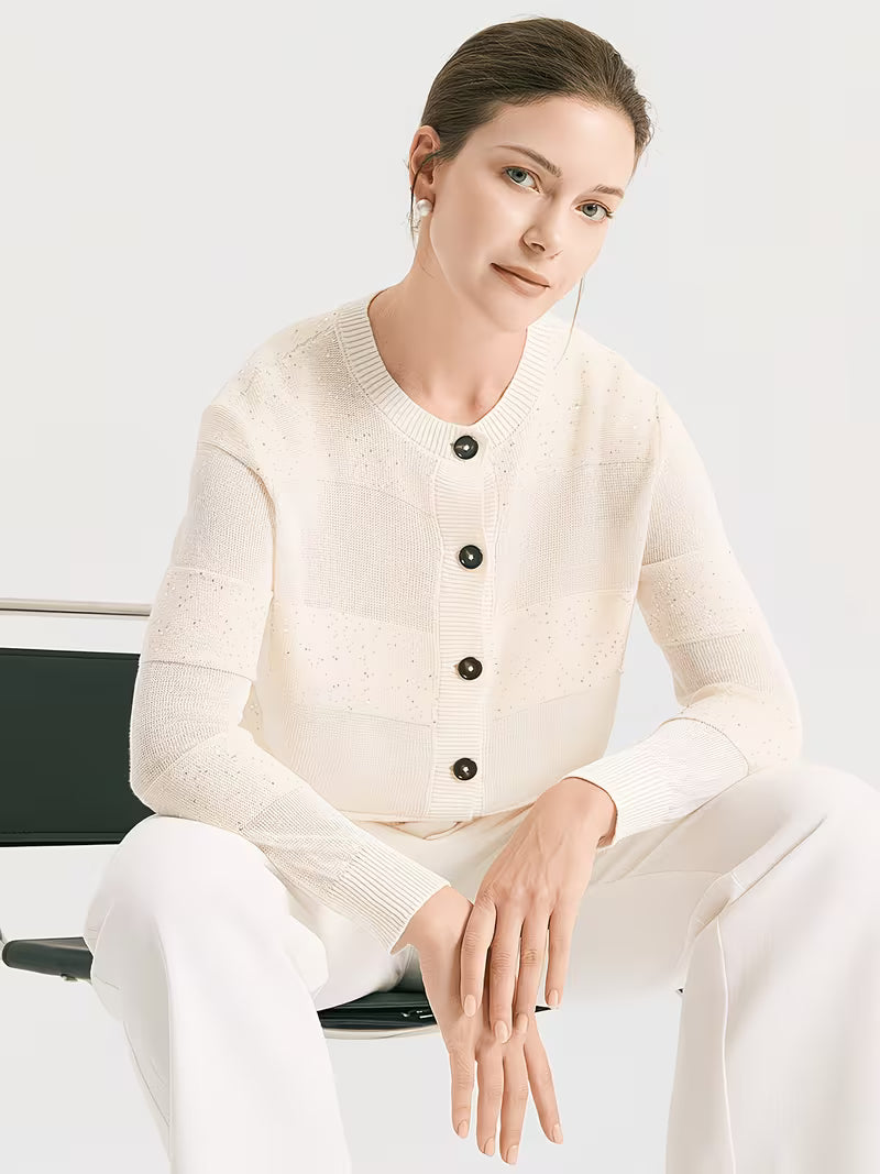 100% Linen Sequin Cardigan for Women, Elegant Open Front Long Sleeve Jacket with Scattered Paillette Detail, Lightweight Breathable Knitwear for Party & Office