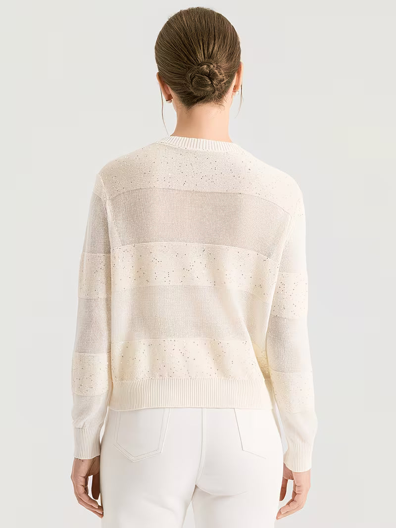100% Linen Sequin Cardigan for Women, Elegant Open Front Long Sleeve Jacket with Scattered Paillette Detail, Lightweight Breathable Knitwear for Party & Office