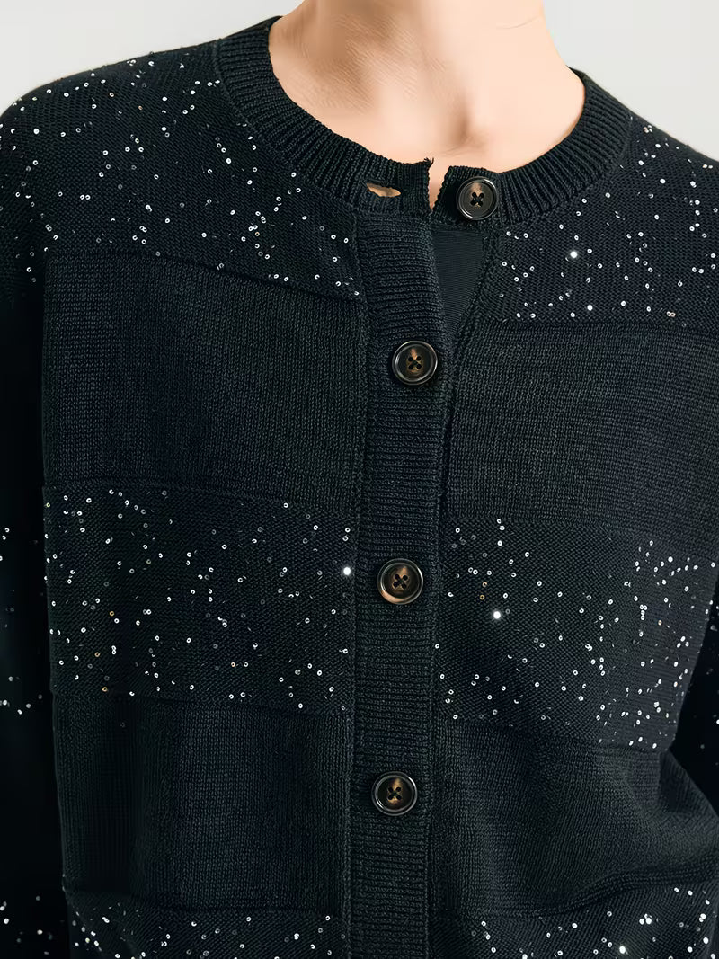 100% Linen Sequin Cardigan for Women, Elegant Open Front Long Sleeve Jacket with Scattered Paillette Detail, Lightweight Breathable Knitwear for Party & Office
