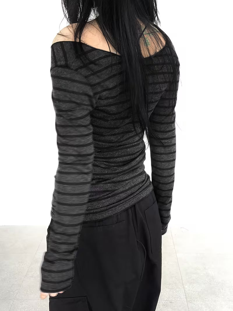 Korean Style Striped Off-The-Shoulder Lightweight Top, Spring And Autumn Retro Street Slim-Fit Versatile Long-Sleeved T-Shirt
