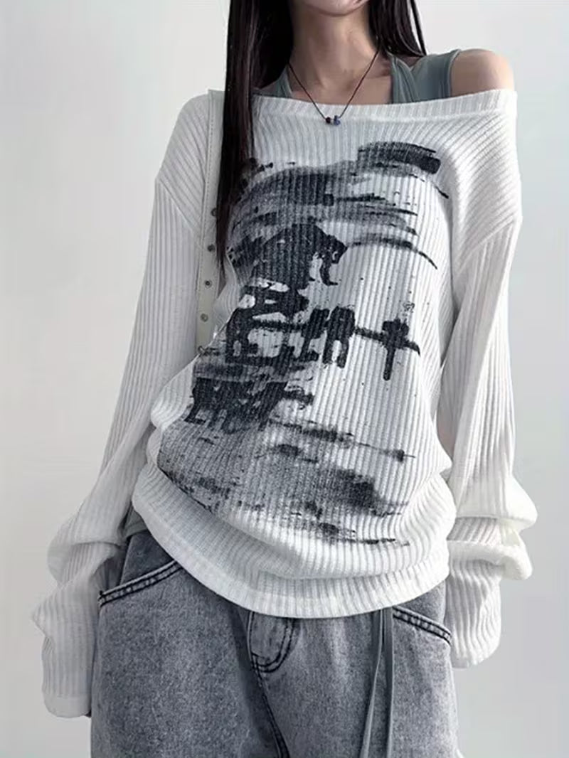 Y2K Fashion Korean Style Autumn/Winter Casual Long Sleeve Printed Loose Round Neck Top for Women