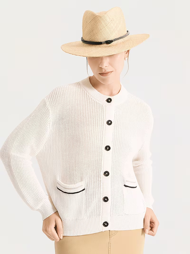 Premium 100% Linen Knitwear, Soft Textured Open Front Cardigan for Women, Long Sleeve Lightweight Jacket with Contrast Buttons, Versatile Casual Chic