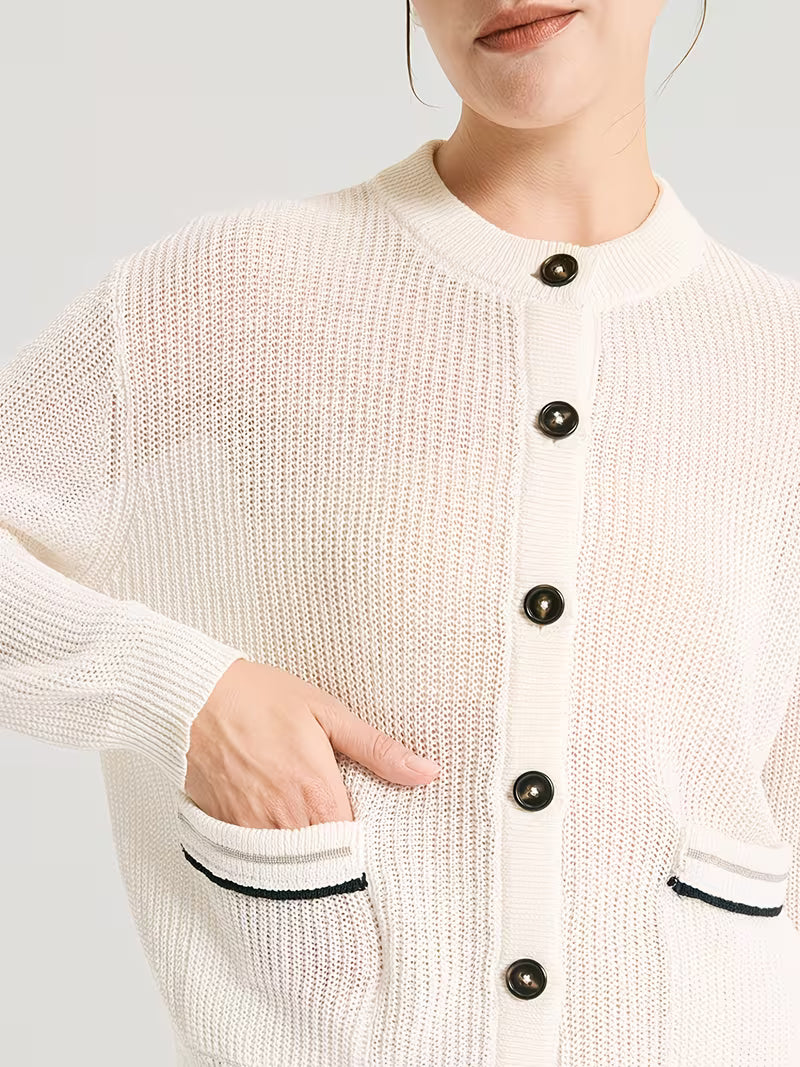 Premium 100% Linen Knitwear, Soft Textured Open Front Cardigan for Women, Long Sleeve Lightweight Jacket with Contrast Buttons, Versatile Casual Chic