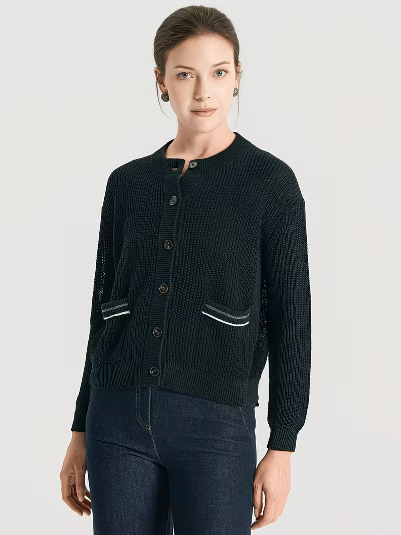 Premium 100% Linen Knitwear, Soft Textured Open Front Cardigan for Women, Long Sleeve Lightweight Jacket with Contrast Buttons, Versatile Casual Chic