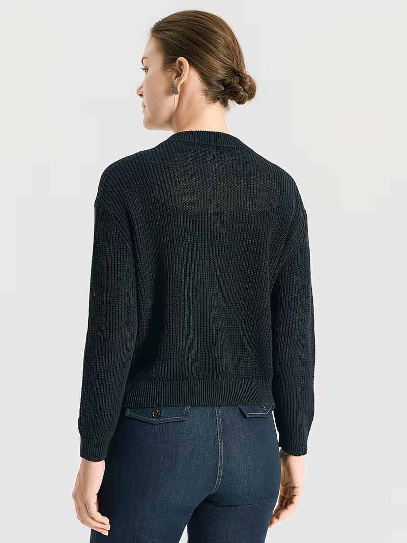 Premium 100% Linen Knitwear, Soft Textured Open Front Cardigan for Women, Long Sleeve Lightweight Jacket with Contrast Buttons, Versatile Casual Chic