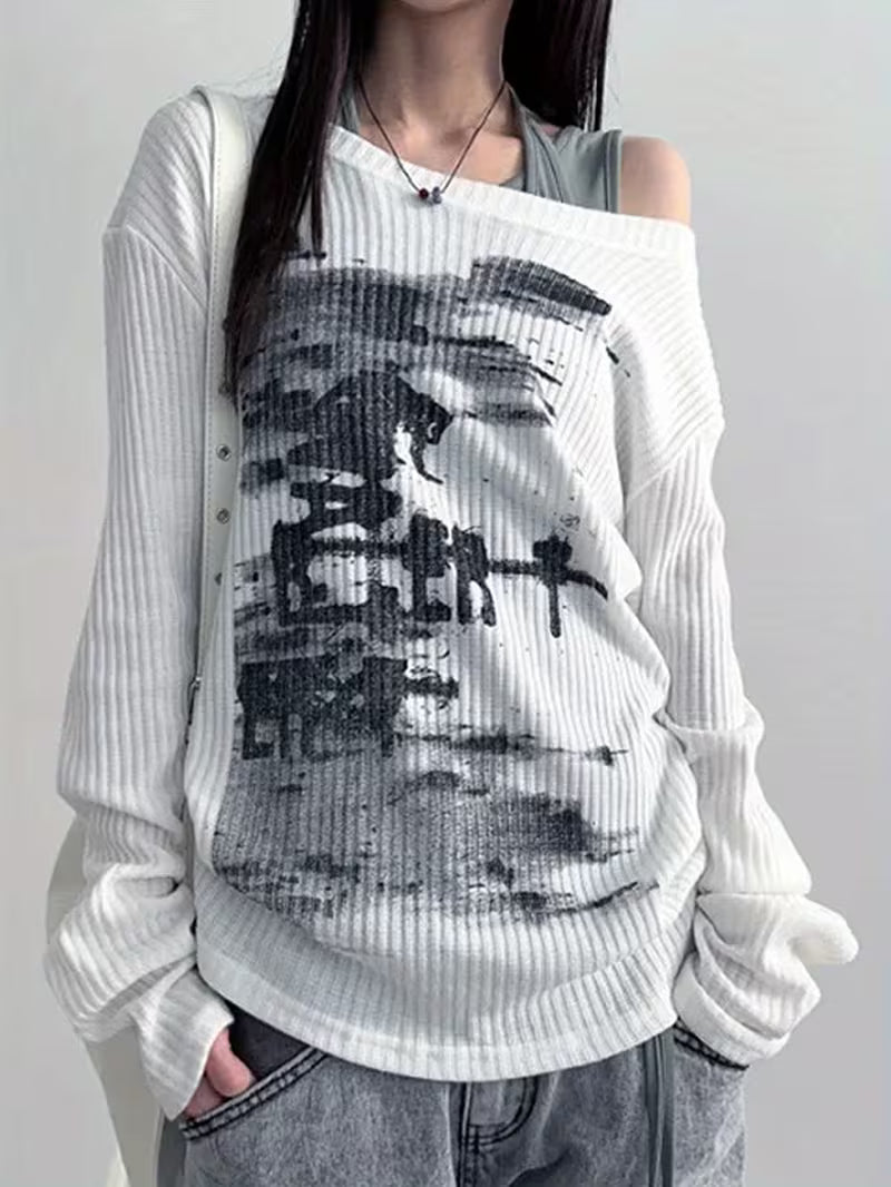 Y2K Fashion Korean Style Autumn/Winter Casual Long Sleeve Printed Loose Round Neck Top for Women