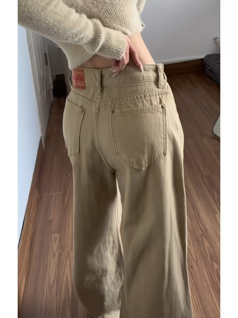 Women's Khaki High Waist Wide Leg Jeans Button Fly Straight Leg Denim Pants Casual Baggy Trousers for Y2K Streetwear& Daily Wear