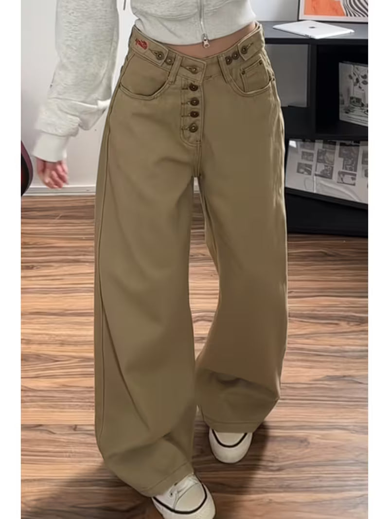 Women's Khaki High Waist Wide Leg Jeans Button Fly Straight Leg Denim Pants Casual Baggy Trousers for Y2K Streetwear& Daily Wear