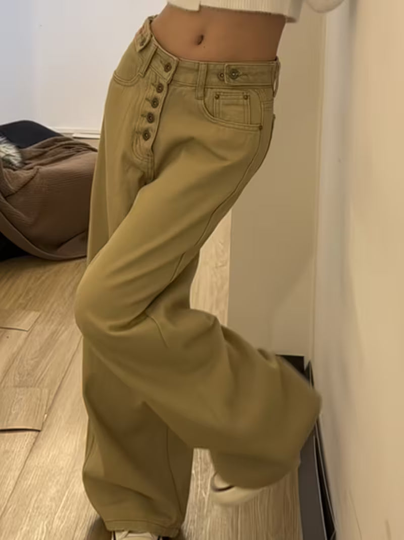 Women's Khaki High Waist Wide Leg Jeans Button Fly Straight Leg Denim Pants Casual Baggy Trousers for Y2K Streetwear& Daily Wear