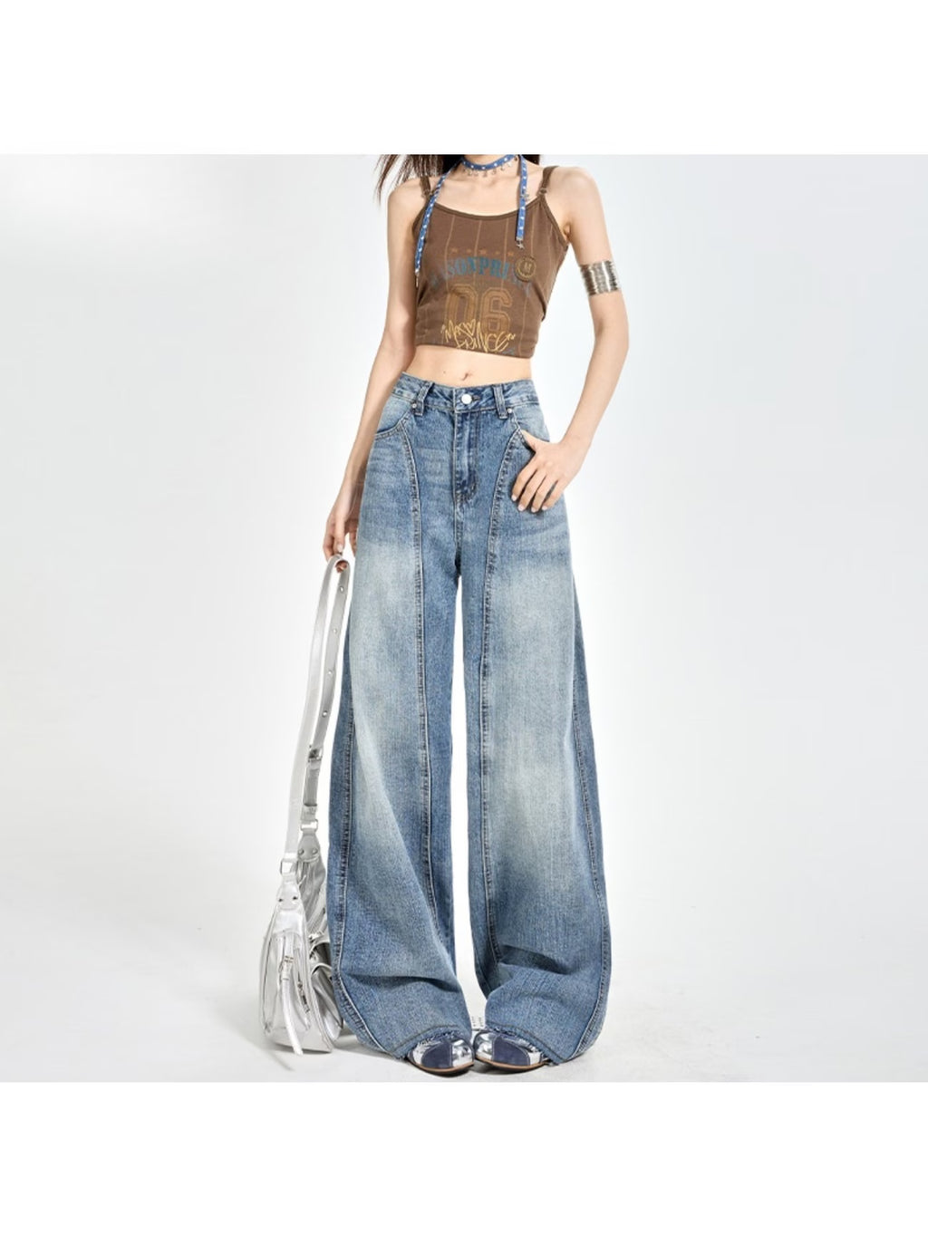 Women's Light Blue Gradient Washed High-Waist Wide-Leg Jeans, American Vintage Seamed Panel Drapey Floor-Length Pants