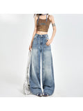 Women's Light Blue Gradient Washed High-Waist Wide-Leg Jeans, American Vintage Seamed Panel Drapey Floor-Length Pants