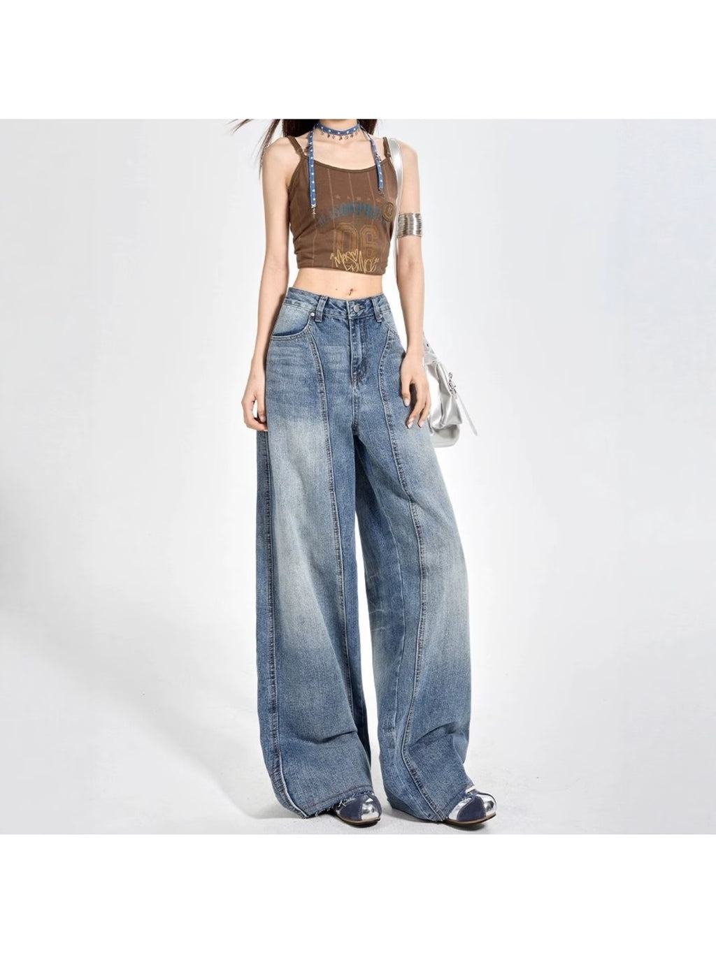 Women's Light Blue Gradient Washed High-Waist Wide-Leg Jeans, American Vintage Seamed Panel Drapey Floor-Length Pants