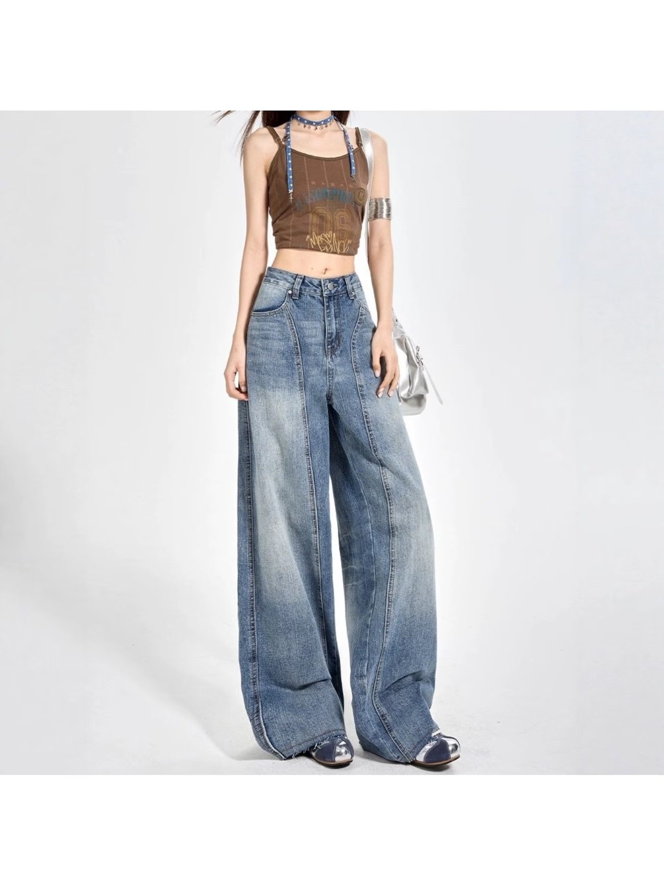 Women's Light Blue Gradient Washed High-Waist Wide-Leg Jeans, American Vintage Seamed Panel Drapey Floor-Length Pants