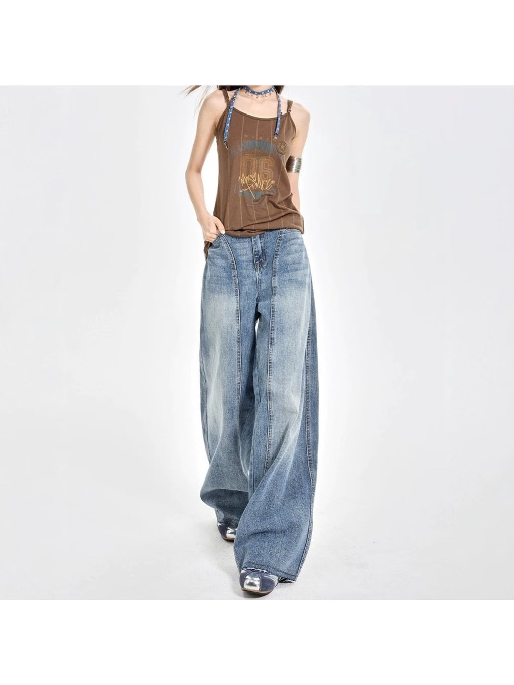 Women's Light Blue Gradient Washed High-Waist Wide-Leg Jeans, American Vintage Seamed Panel Drapey Floor-Length Pants