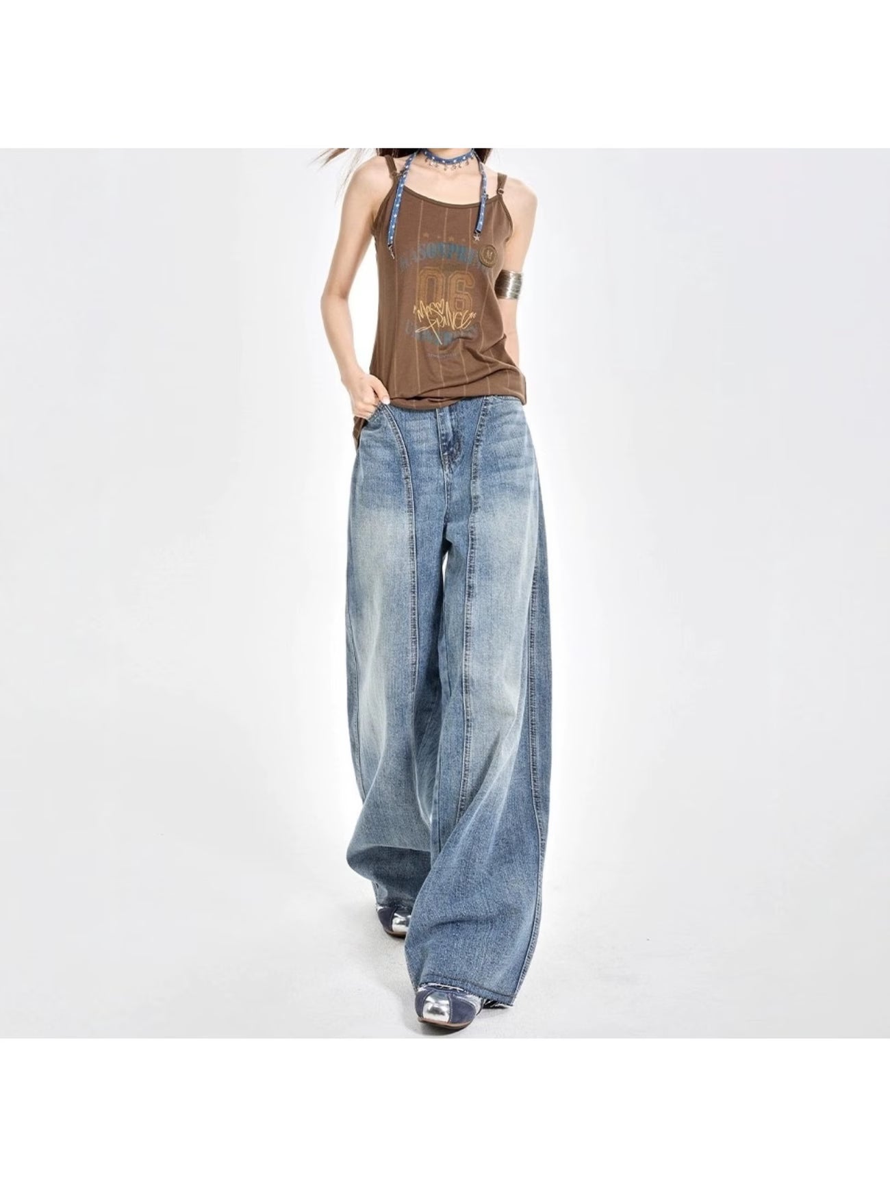 Women's Light Blue Gradient Washed High-Waist Wide-Leg Jeans, American Vintage Seamed Panel Drapey Floor-Length Pants