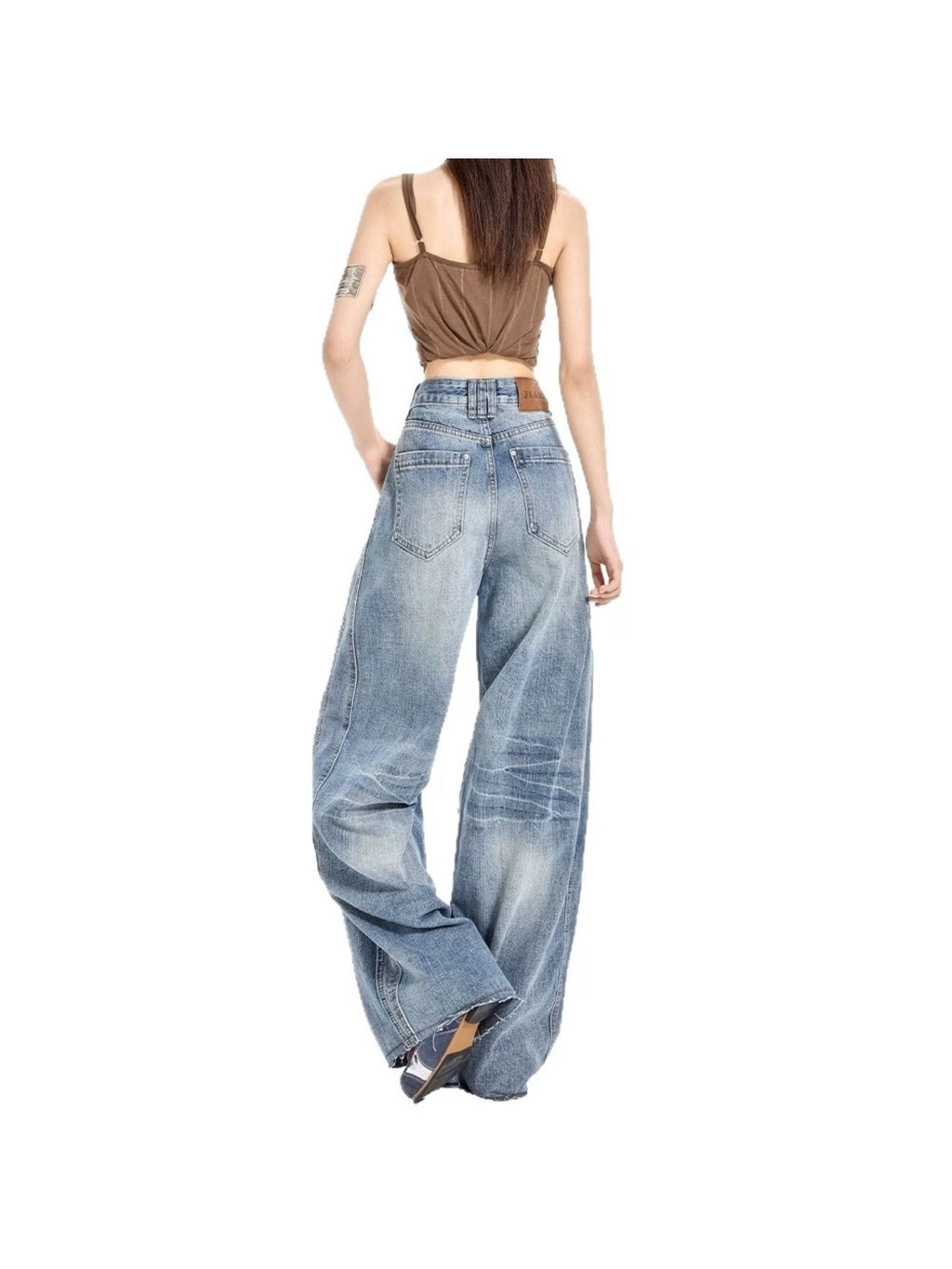 Women's Light Blue Gradient Washed High-Waist Wide-Leg Jeans, American Vintage Seamed Panel Drapey Floor-Length Pants