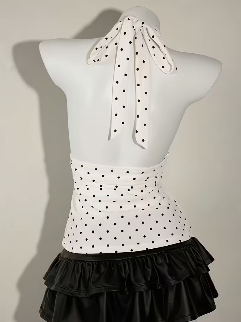Women's Low-Neck Pleated Halter Neck Bow Backless Polka Dot Tank Top