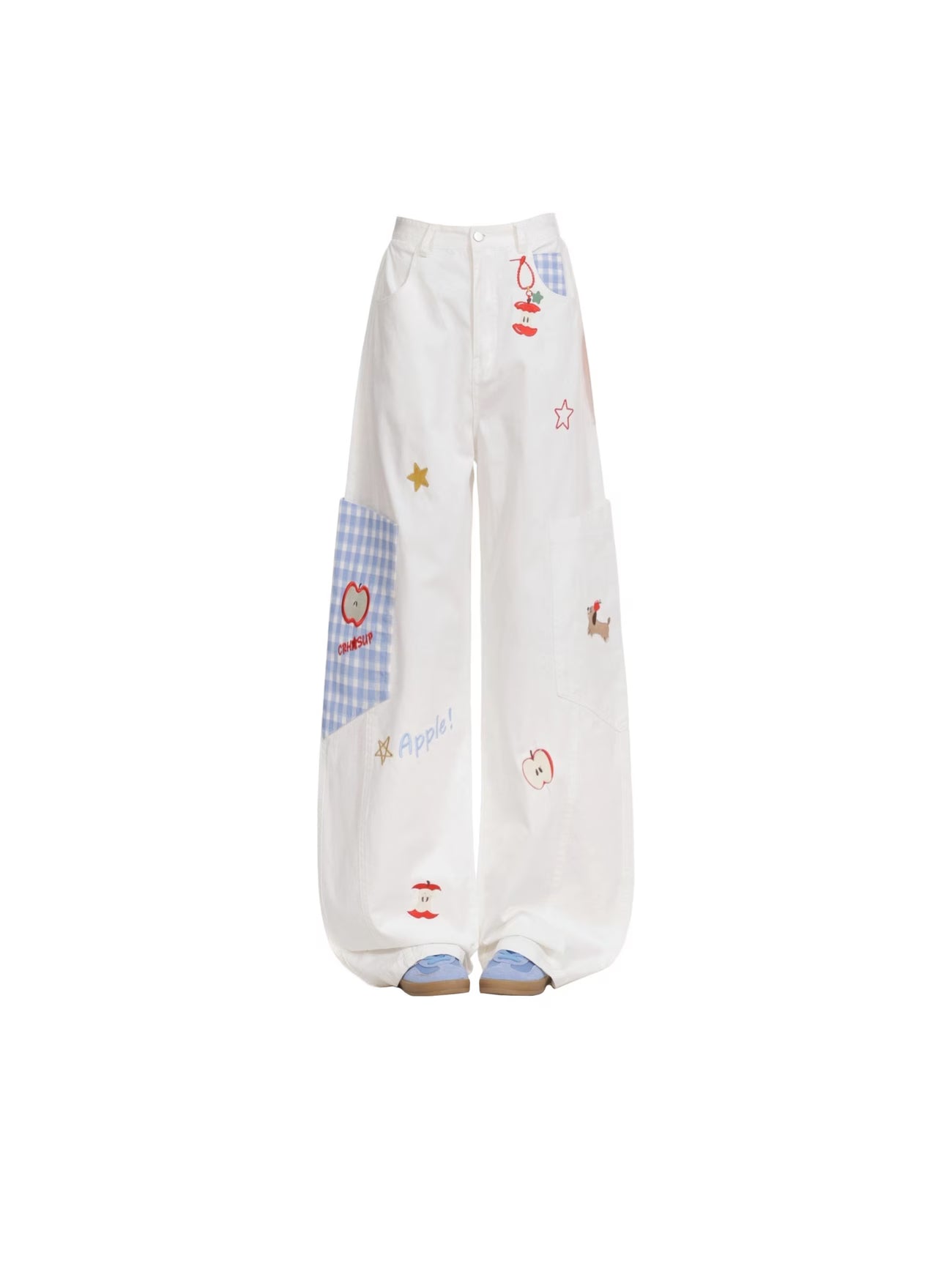 Women's White Wide Leg Pants High Waist Apple& Star Embroidery Gingham Patchwork Baggy Trousers Cute Y2K Casual Streetwear Pants