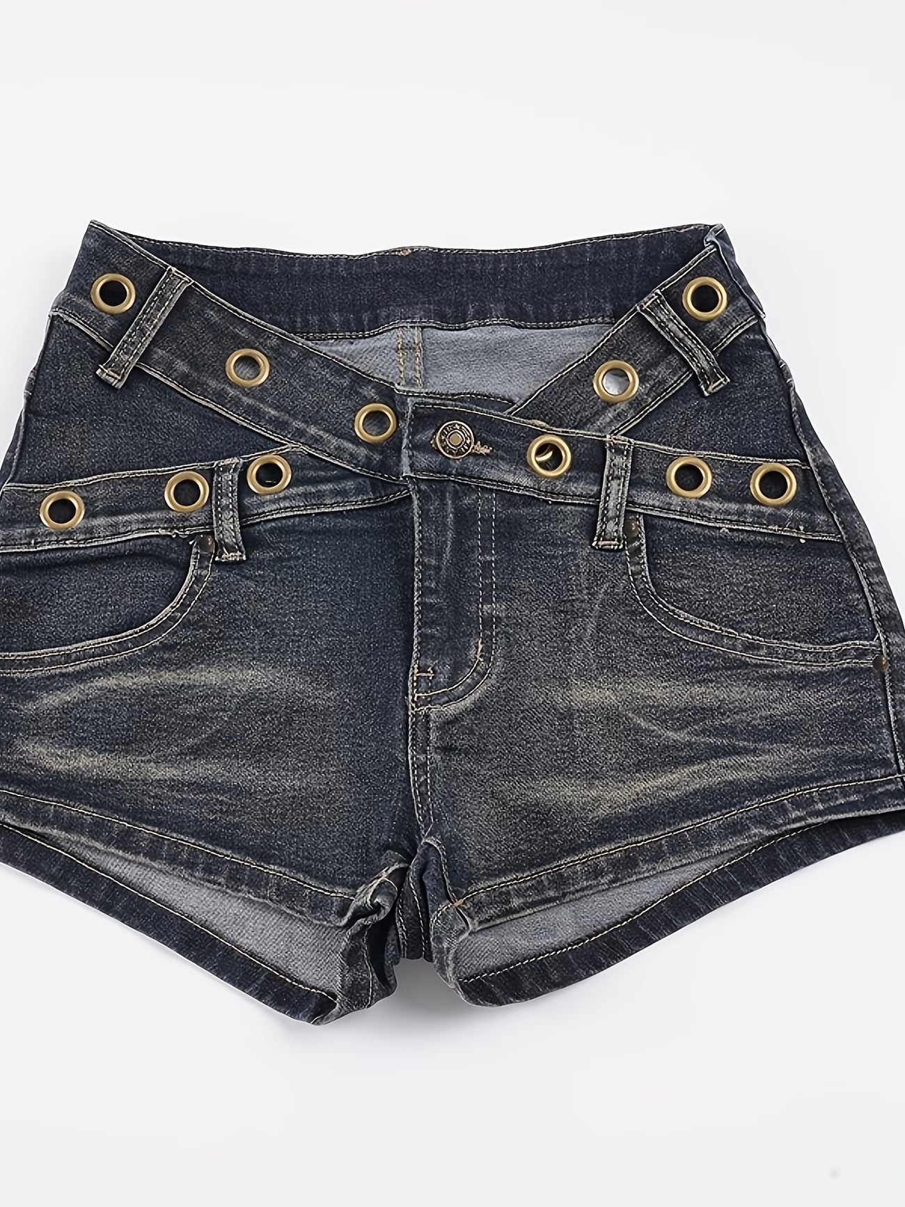 2026 American Street Style Vintage Washed Distressed V-Shaped Waistband Metal Buckle Shorts Heavy-Duty Design Fashionable Jeans