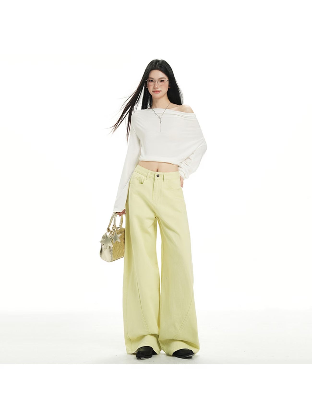 American-style High-Waisted Curved-Leg Jeans for Women | Casual, All-Season, Non-Stretch Fabric, Solid Color, Washed Detail