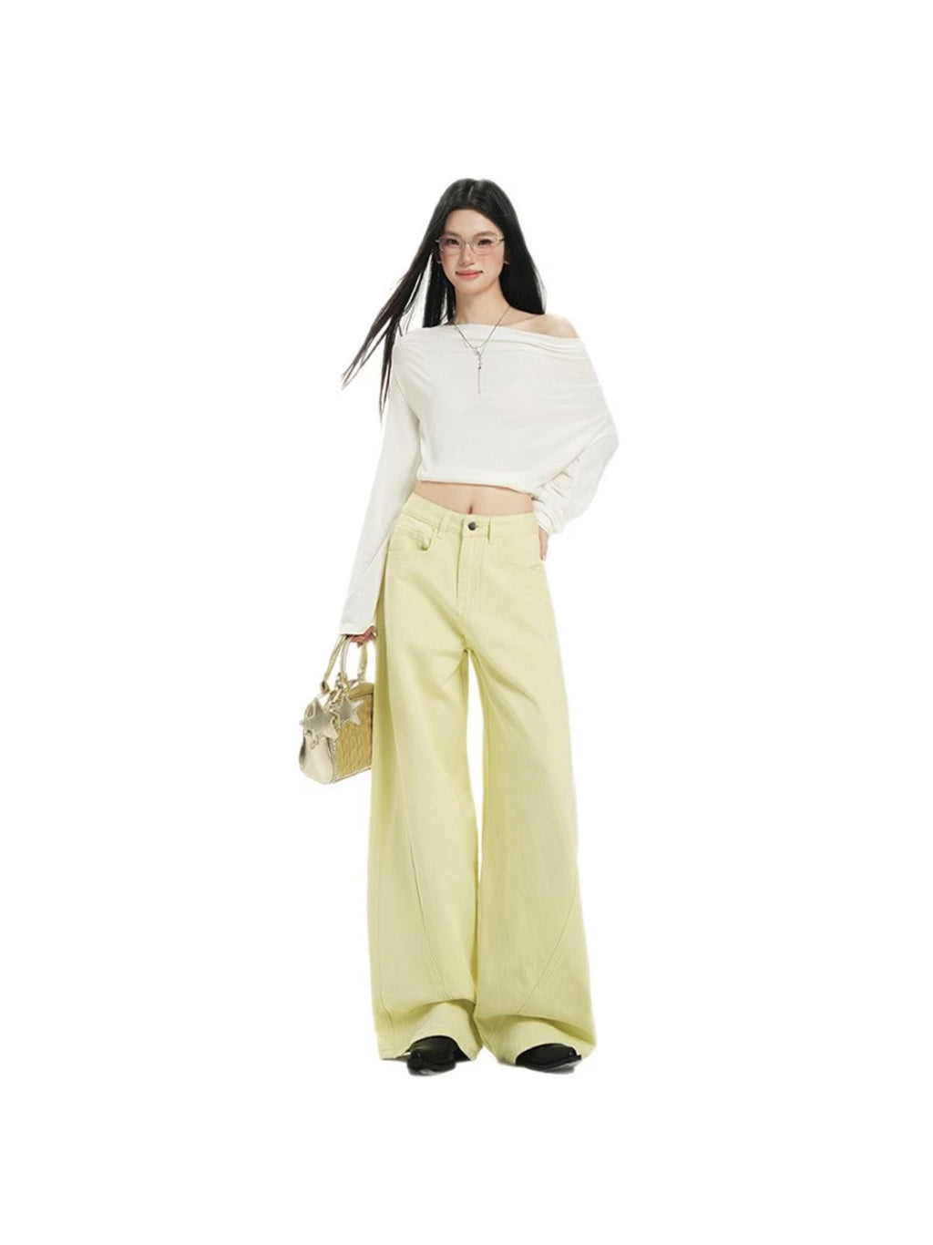 American-style High-Waisted Curved-Leg Jeans for Women | Casual, All-Season, Non-Stretch Fabric, Solid Color, Washed Detail