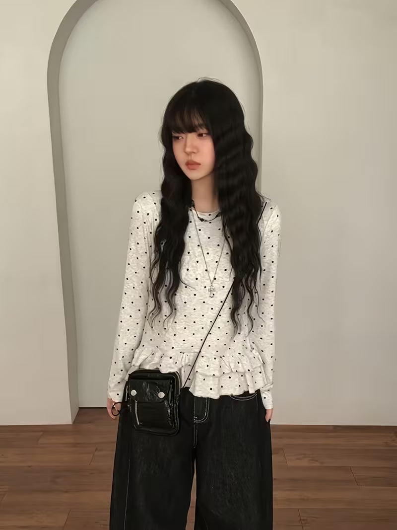 Playful Polka-dot Round-neck Ruffle-sleeve T-shirt, Ballet-style Casual Sweet Top