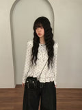 Playful Polka-dot Round-neck Ruffle-sleeve T-shirt, Ballet-style Casual Sweet Top