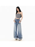 Women'S Jacquard Sparkling Rhinestone Wide-Leg Jeans, for Spring And Autumn, Loose Fit, Plus Size, Starry Design, Full-Length Trousers