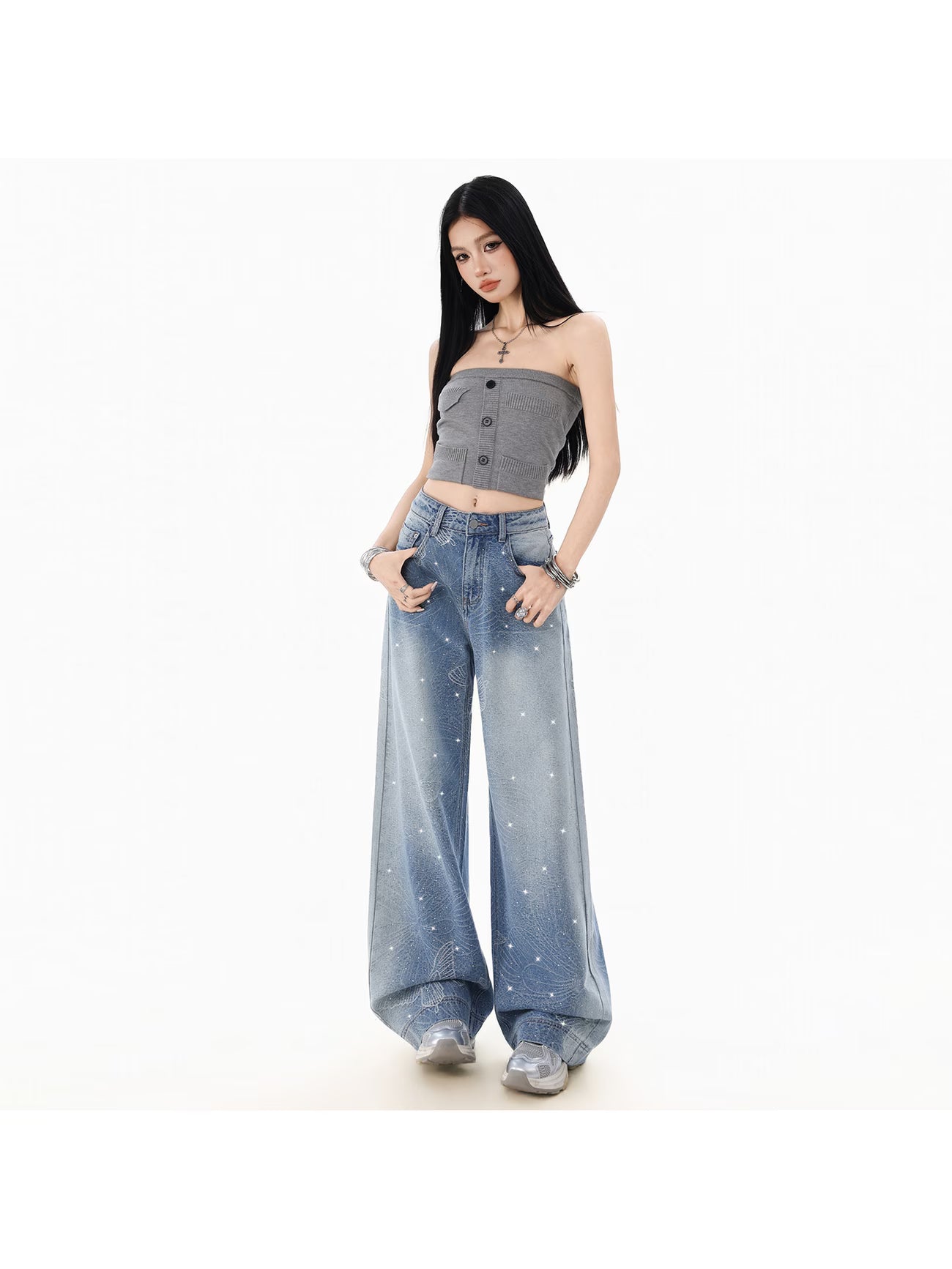 Women'S Jacquard Sparkling Rhinestone Wide-Leg Jeans, for Spring And Autumn, Loose Fit, Plus Size, Starry Design, Full-Length Trousers