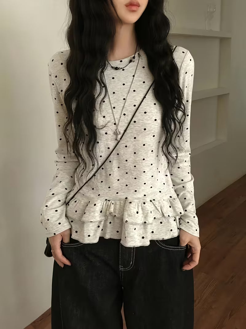 Playful Polka-dot Round-neck Ruffle-sleeve T-shirt, Ballet-style Casual Sweet Top
