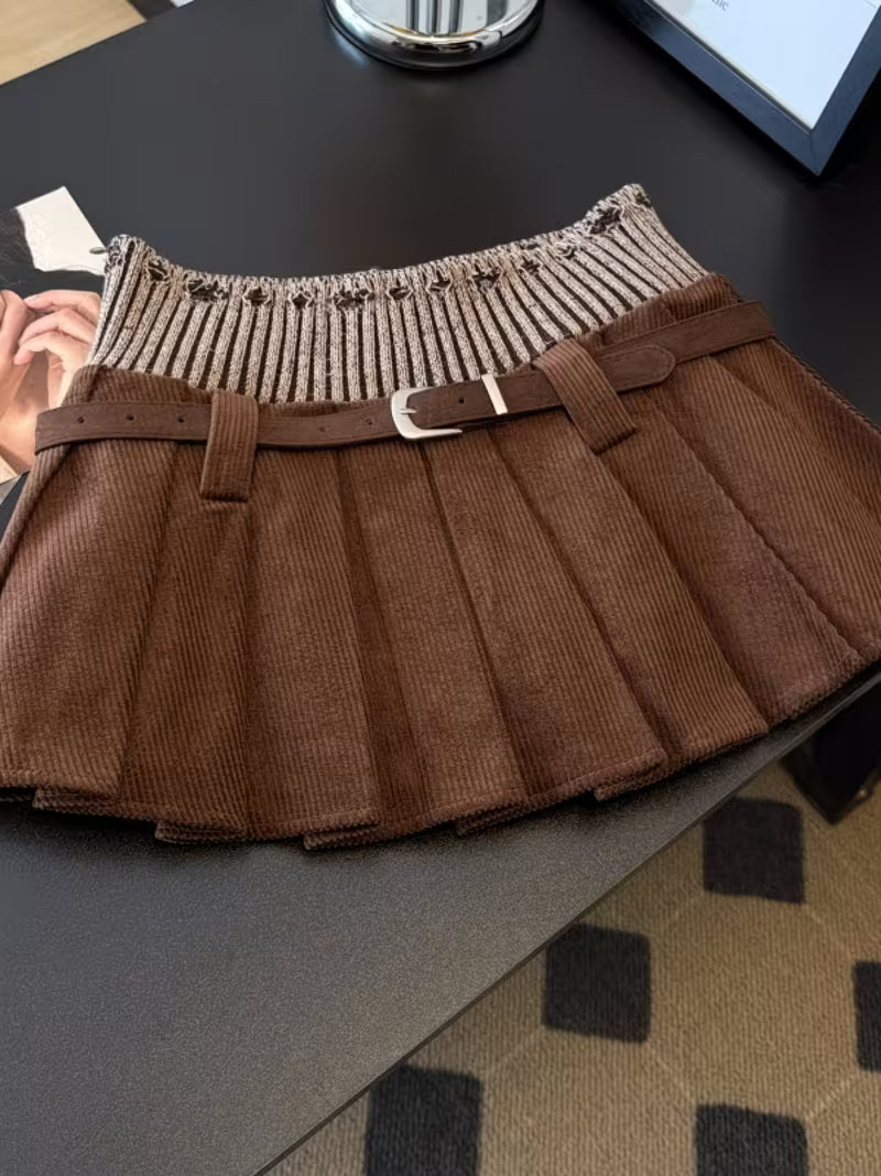 Patchwork High-waisted Pleated Mini Skirt, Design for Trendy, Vintage Style Suitable for All Seasons, Versatile for Everyday Casual Wear