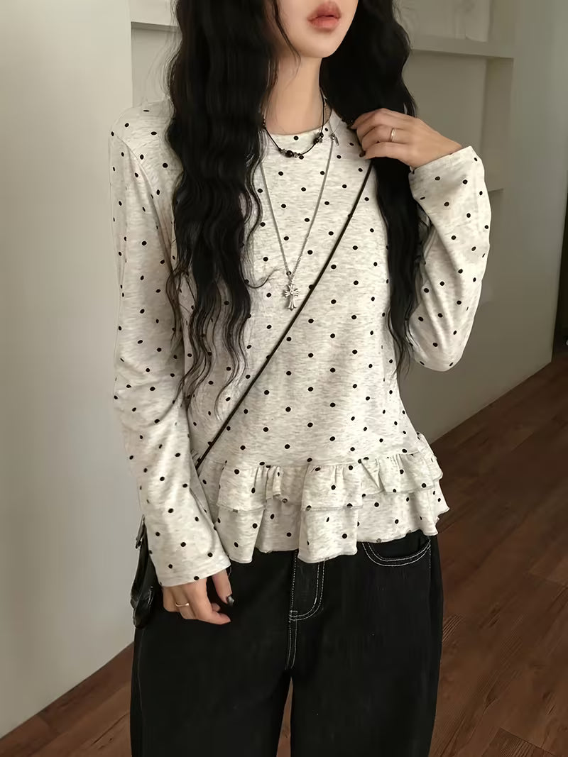 Playful Polka-dot Round-neck Ruffle-sleeve T-shirt, Ballet-style Casual Sweet Top