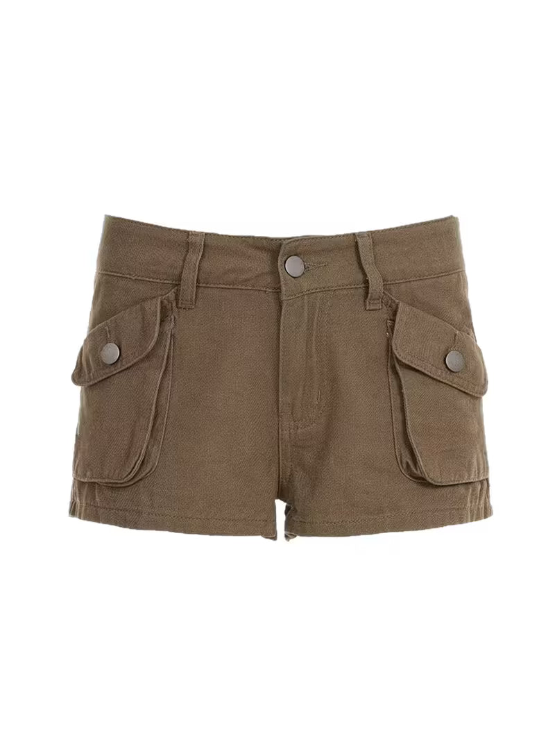 Vintage Multi-Pocket Khaki Denim Shorts for Women, Perfect for a Spicy Summer Streetwear Look