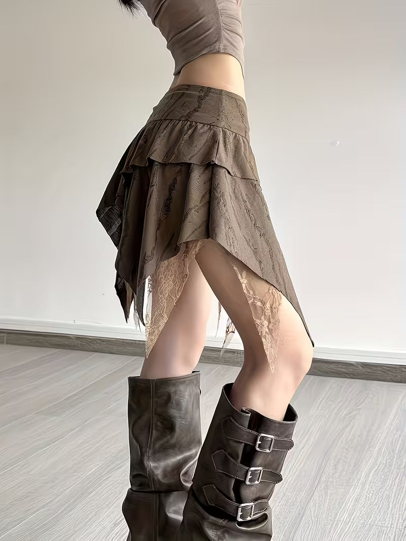 1308 Cool Desert Wasteland Style Irregular Heavy Lace Patchwork Distressed Short Skirt for Women