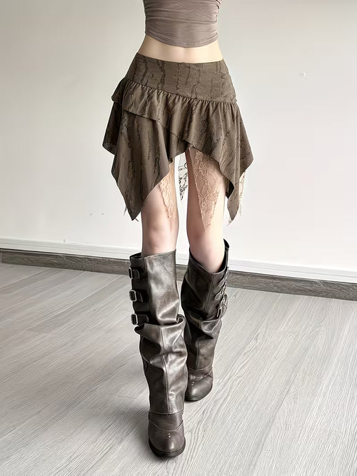 1308 Cool Desert Wasteland Style Irregular Heavy Lace Patchwork Distressed Short Skirt for Women