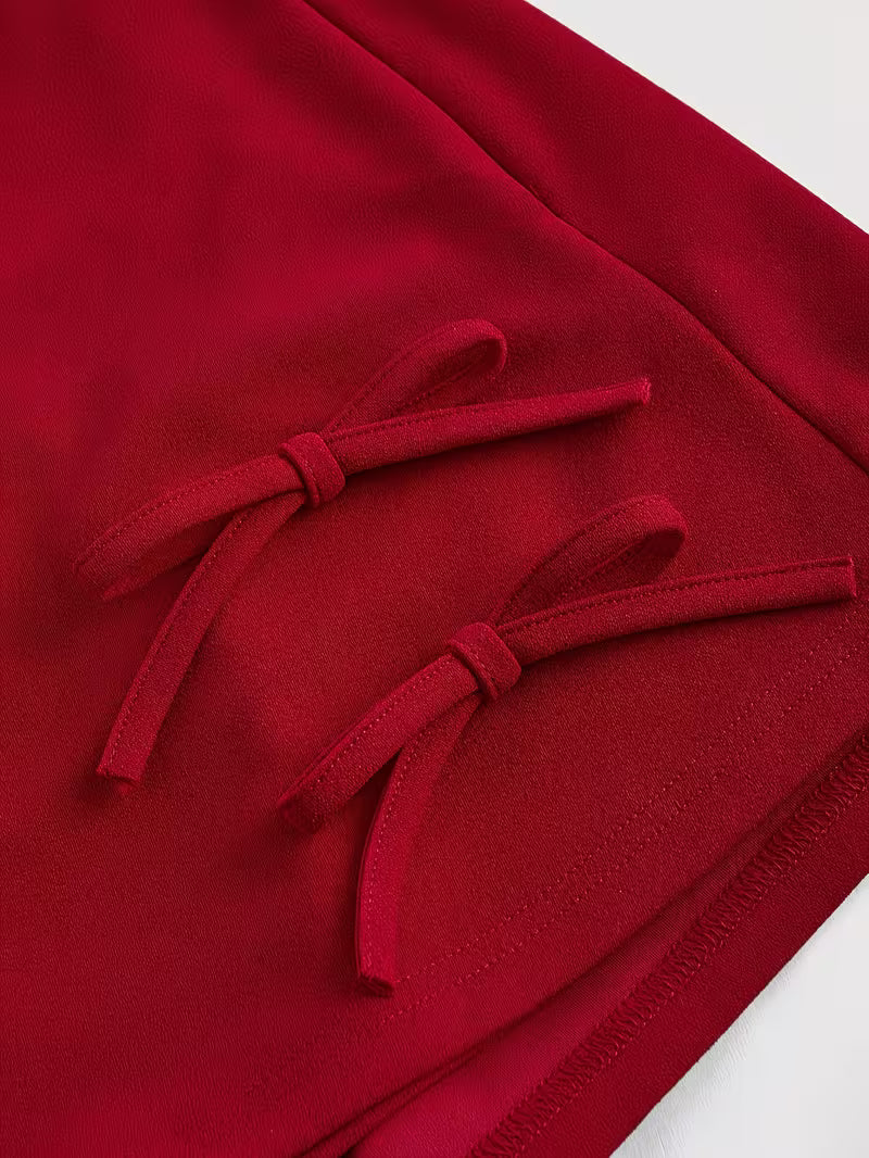 Women's Y2K High-Waisted Mini with Bow Accent - Short Short Party, Red/Deep Red Color, Machine Washable, All-Season Wear for Clubwear, Outfits & Everyday Style (No Needed)