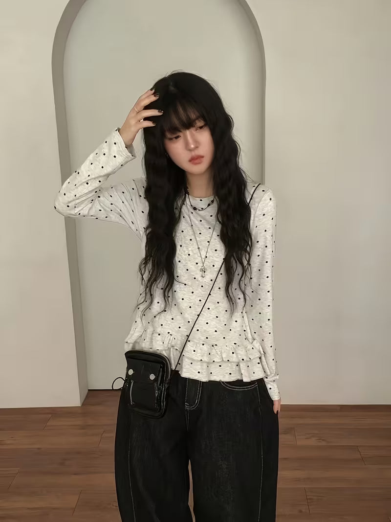 Playful Polka-dot Round-neck Ruffle-sleeve T-shirt, Ballet-style Casual Sweet Top