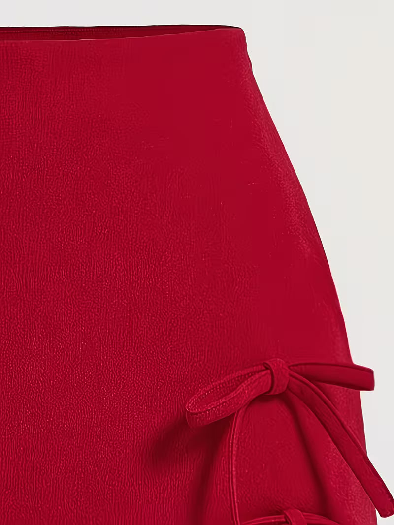 Women's Y2K High-Waisted Mini with Bow Accent - Short Short Party, Red/Deep Red Color, Machine Washable, All-Season Wear for Clubwear, Outfits & Everyday Style (No Needed)