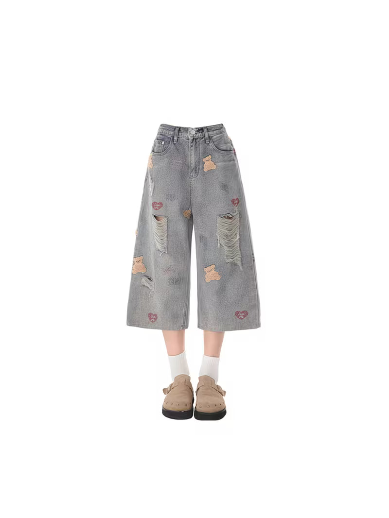 Large-size Bear Embroidered Design Denim Short Pants for Women. New Style Distressed High-waist and Loose Seven-inch Pants for. Bear Print Design Short Pants for Women.