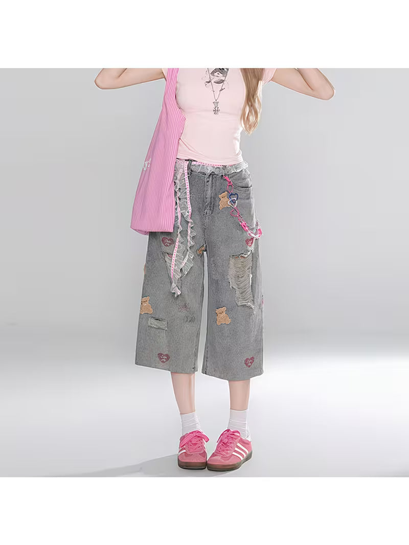 Large-size Bear Embroidered Design Denim Short Pants for Women. New Style Distressed High-waist and Loose Seven-inch Pants for. Bear Print Design Short Pants for Women.