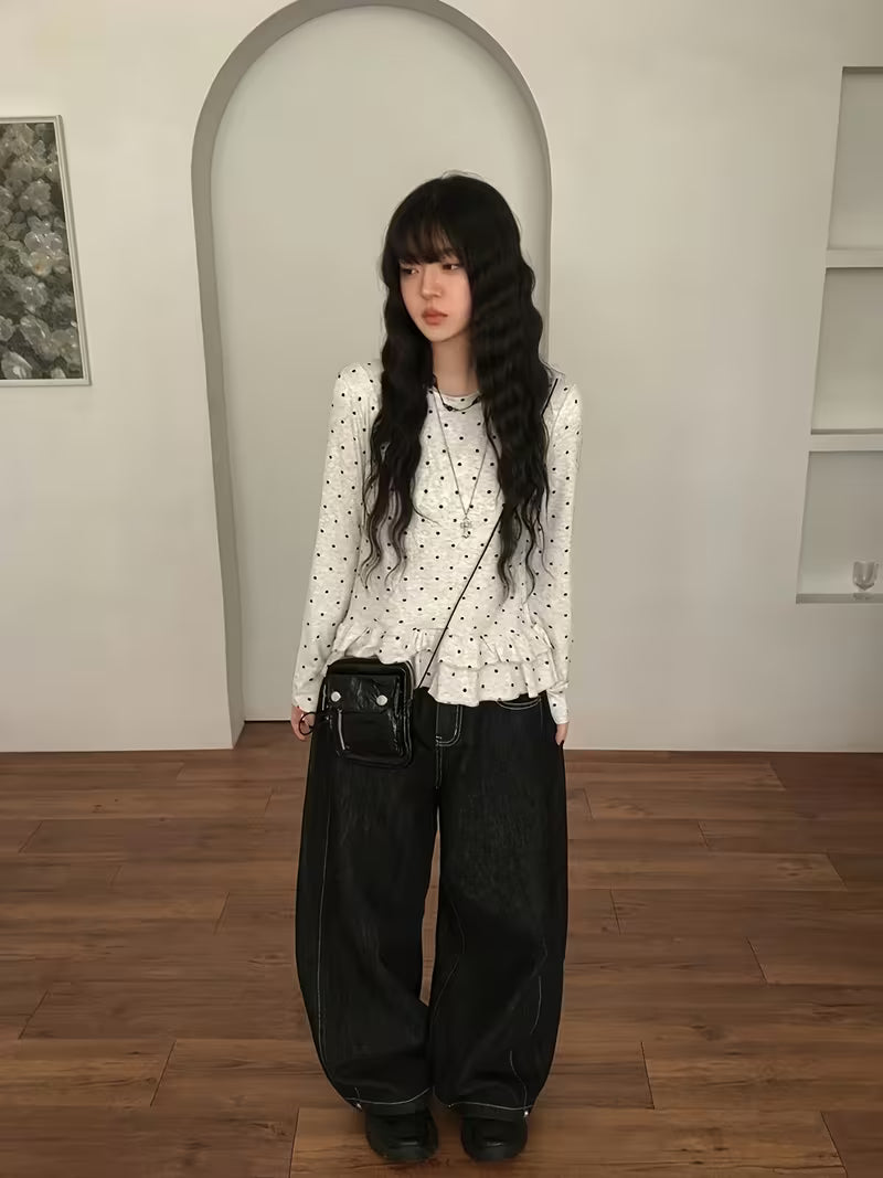 Playful Polka-dot Round-neck Ruffle-sleeve T-shirt, Ballet-style Casual Sweet Top
