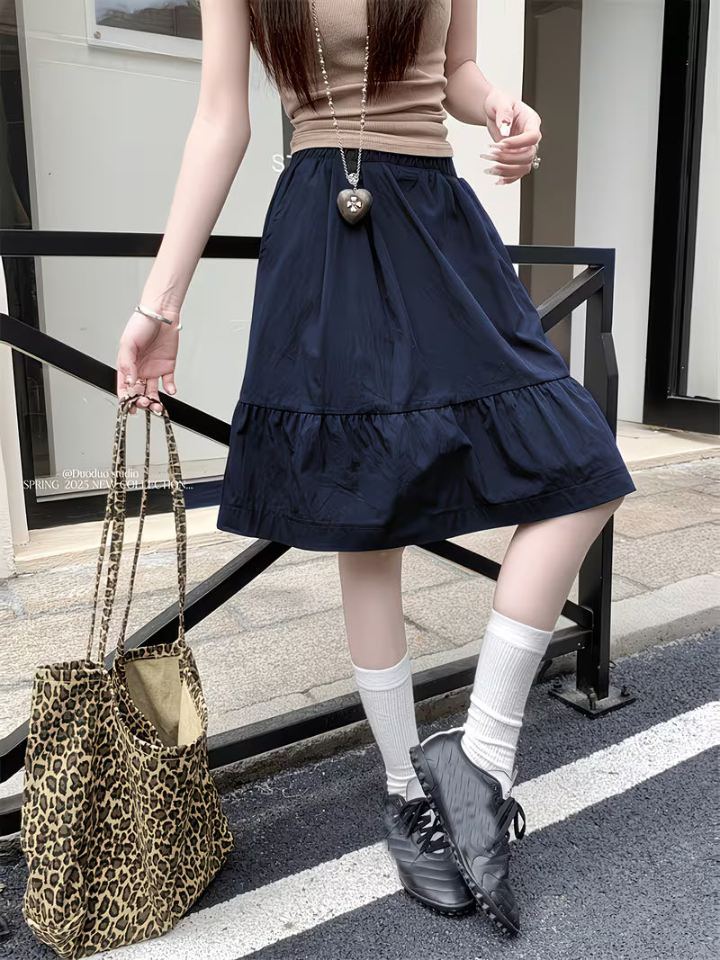 Vintage High-Waist Fashion New A-Line Skirt for Petite Women, Puffy Skirt, Casual Elastic Waist Pencil Skirt