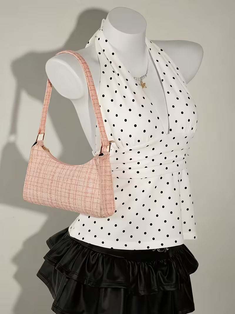Women's Low-Neck Pleated Halter Neck Bow Backless Polka Dot Tank Top