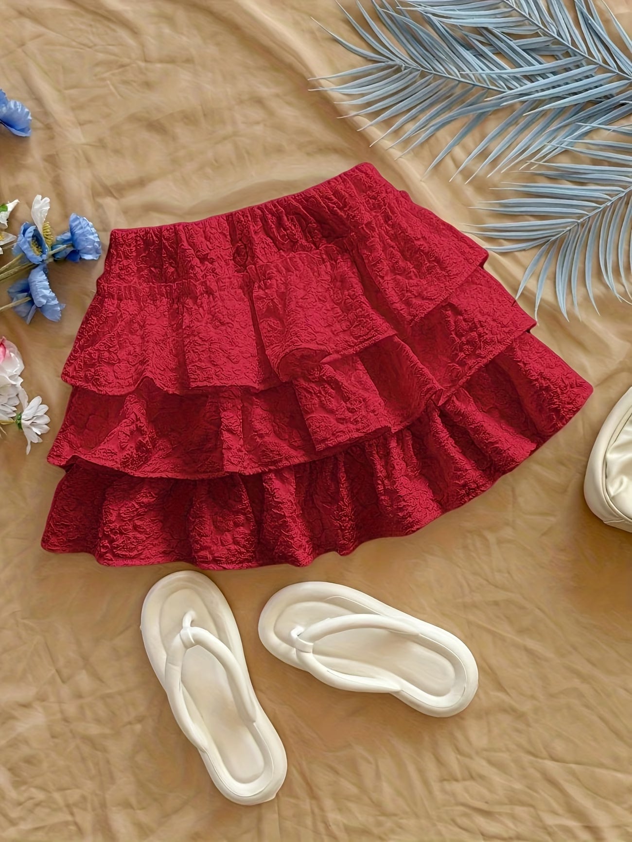 Women's Elegant Red Ruffled Short Skirt with Fluffy Layered Hem - All-Season Machine Washable Solid Color Skirt for Parties, Beach, Semi-Formal & Everyday Outfits - Versatile Casual to Semi-Formal Wear