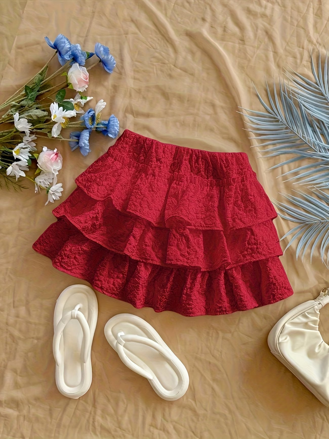 Women's Elegant Red Ruffled Short Skirt with Fluffy Layered Hem - All-Season Machine Washable Solid Color Skirt for Parties, Beach, Semi-Formal & Everyday Outfits - Versatile Casual to Semi-Formal Wear