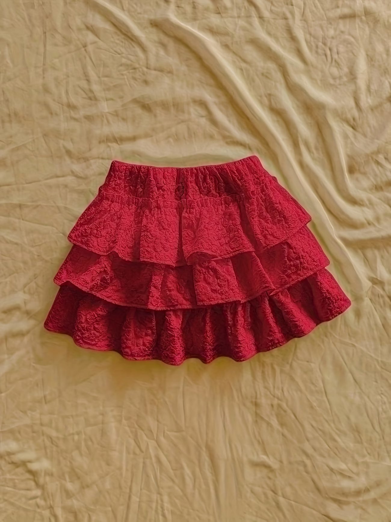 Women's Elegant Red Ruffled Short Skirt with Fluffy Layered Hem - All-Season Machine Washable Solid Color Skirt for Parties, Beach, Semi-Formal & Everyday Outfits - Versatile Casual to Semi-Formal Wear