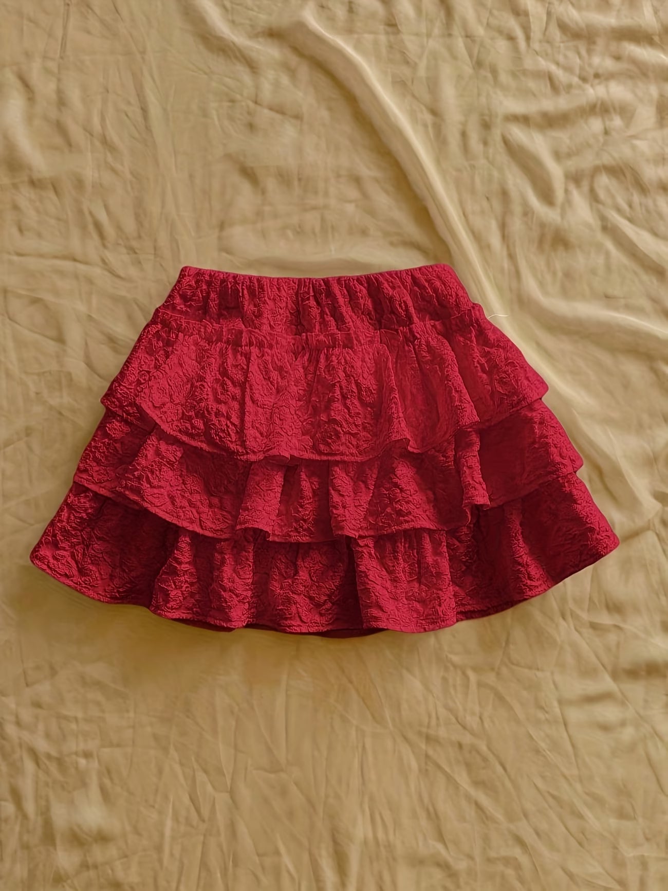 Women's Elegant Red Ruffled Short Skirt with Fluffy Layered Hem - All-Season Machine Washable Solid Color Skirt for Parties, Beach, Semi-Formal & Everyday Outfits - Versatile Casual to Semi-Formal Wear