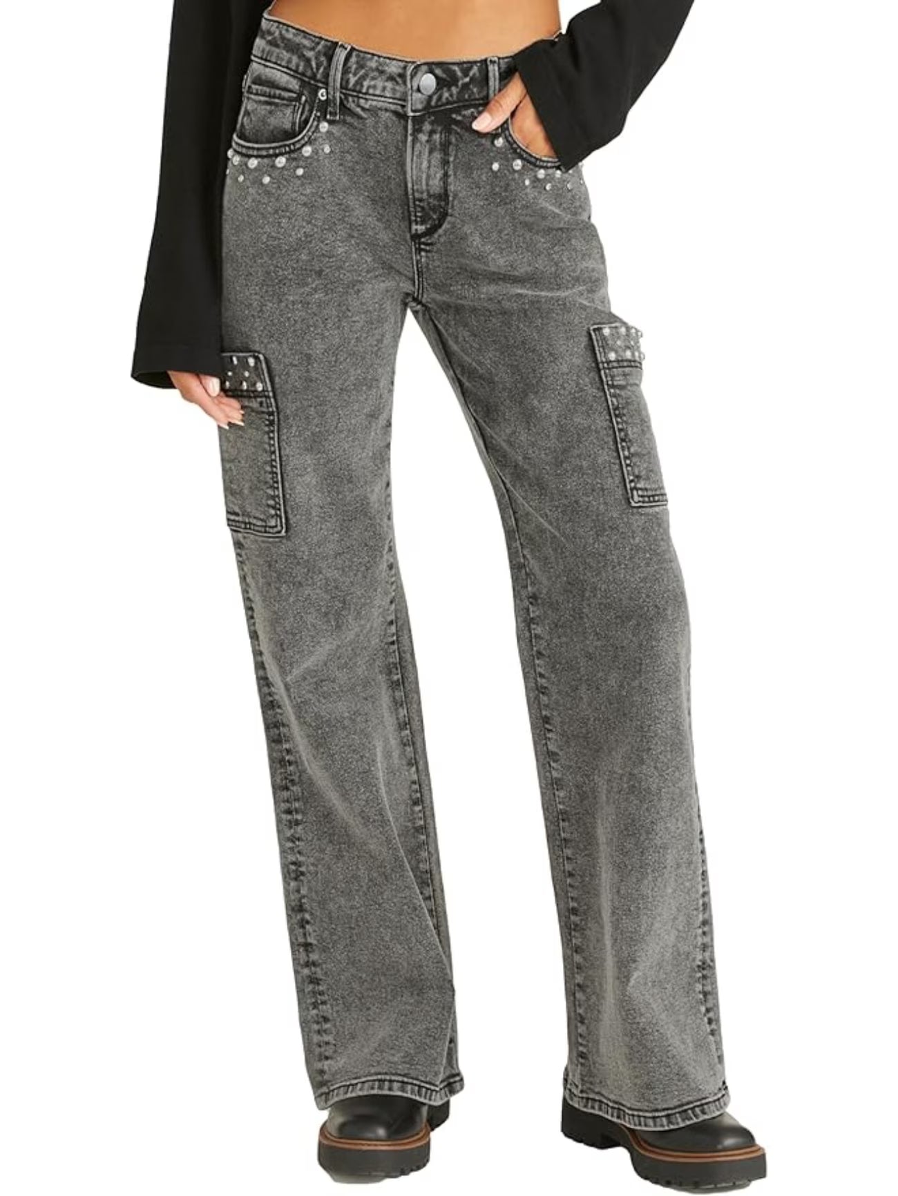 High-Waisted Wide-Leg Jeans - -Adorned Belt Loop & Button Closure, Straight-Leg Workwear Pants, -Wash/Dark-Wash (No-Stretch), All-Season Trousers for Casual & Formal Outfits