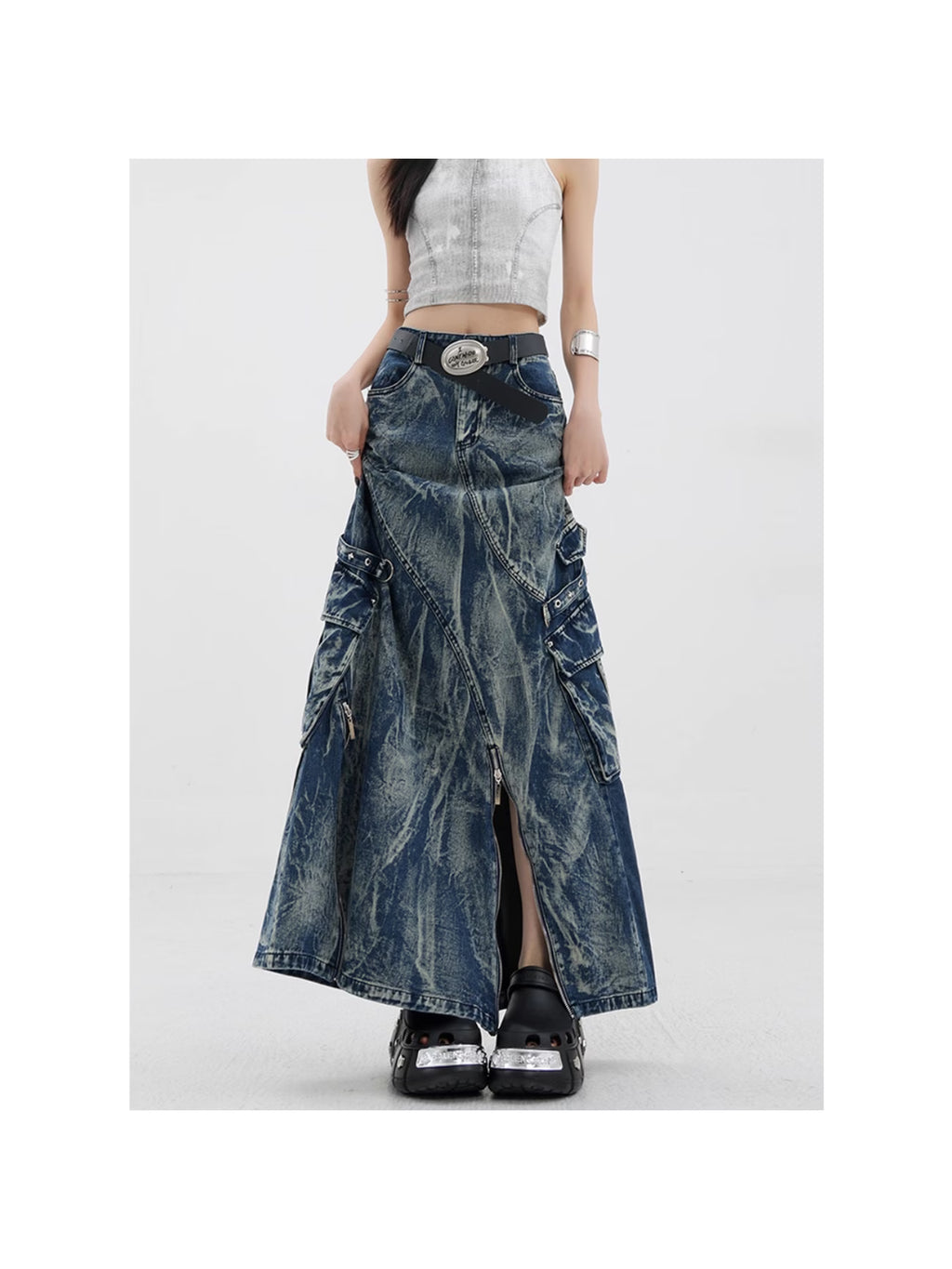 Vintage Faded High Waist Denim Skirt with Patchwork Pockets Slim Fit Fashion A-Line Skirt