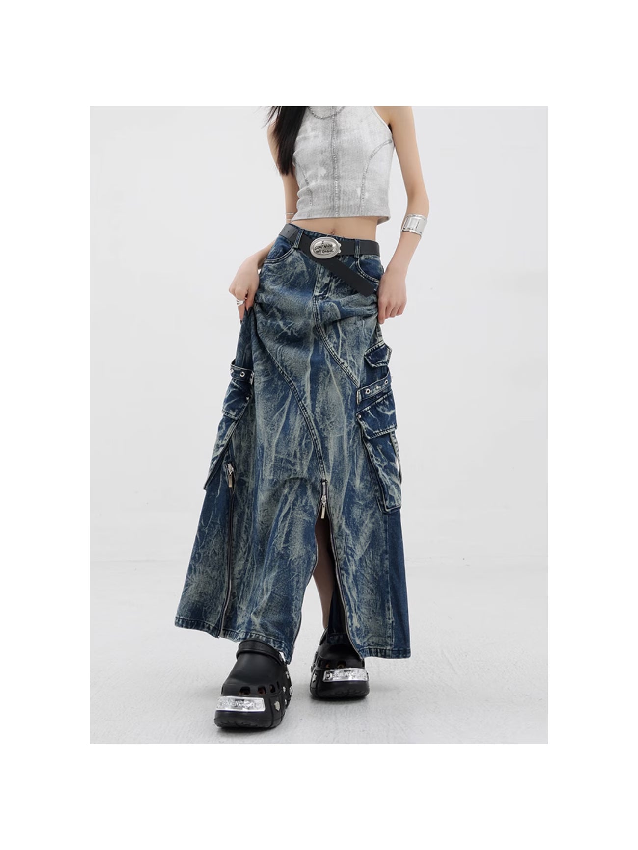 Vintage Faded High Waist Denim Skirt with Patchwork Pockets Slim Fit Fashion A-Line Skirt